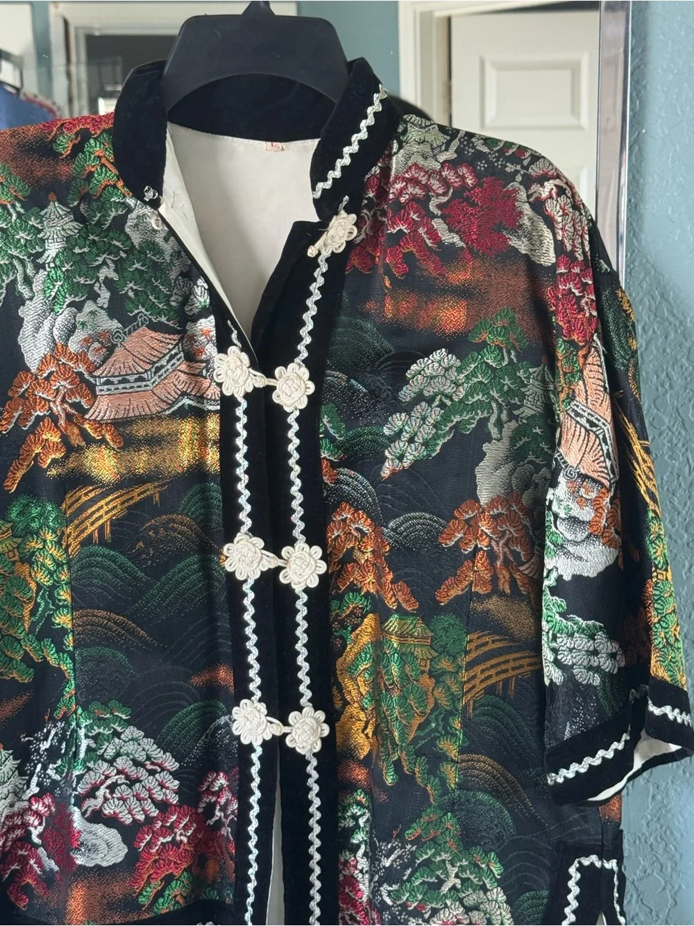 Vintage Black Multicolor Embroidered Asian-Inspired Top